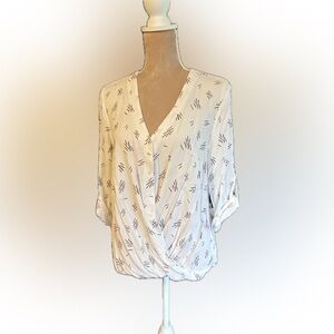 Lush Cream V-Neck Button Front Blouse with Maroon Linear Print